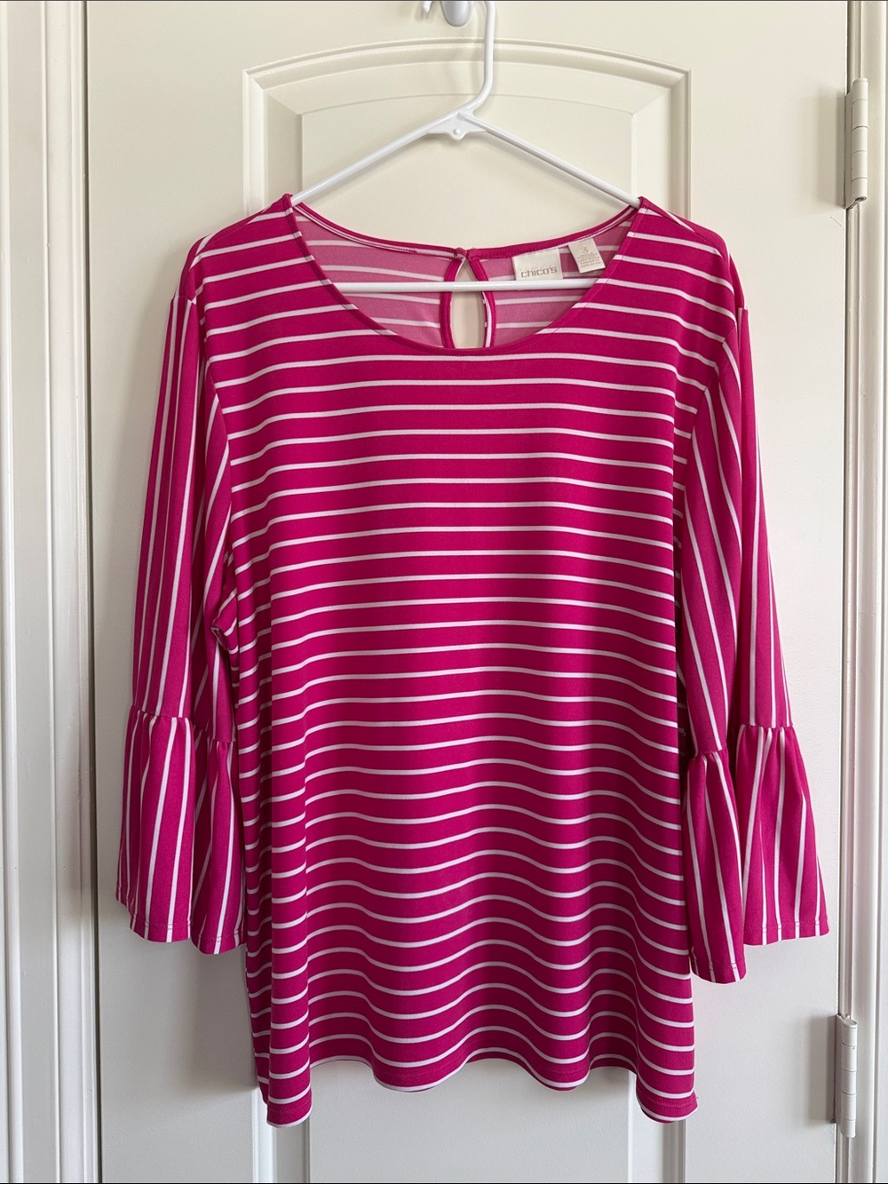 Croton Pink and White Striped Bell-Sleeve Top